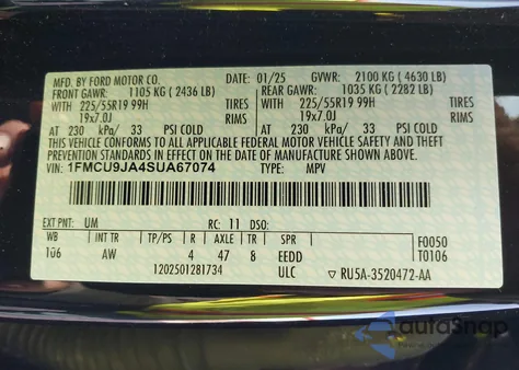 2025 Ford Escape Platinum z USA, uszkodzony, nr VIN 1FMCU9JA4SUA67074